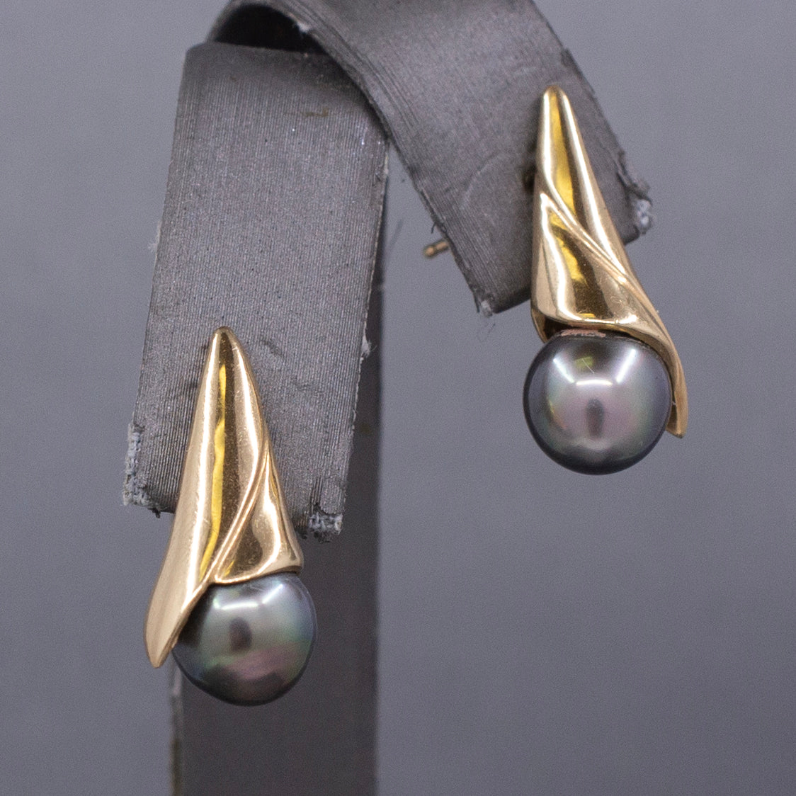Modern Black Tahitian Pearl Gold Wrap Stud Earrings in 14k Yellow Gold