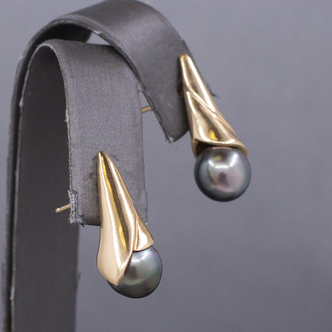 Modern Black Tahitian Pearl Gold Wrap Stud Earrings in 14k Yellow Gold
