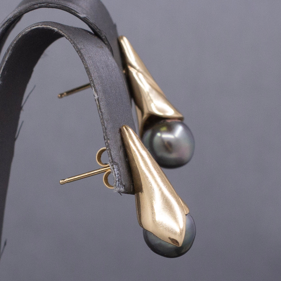 Modern Black Tahitian Pearl Gold Wrap Stud Earrings in 14k Yellow Gold