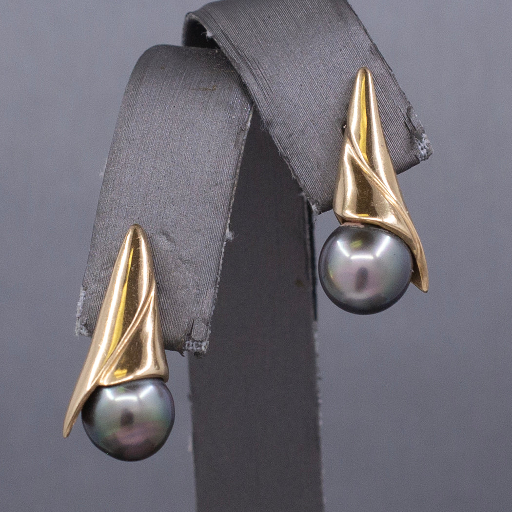 Modern Black Tahitian Pearl Gold Wrap Stud Earrings in 14k Yellow Gold