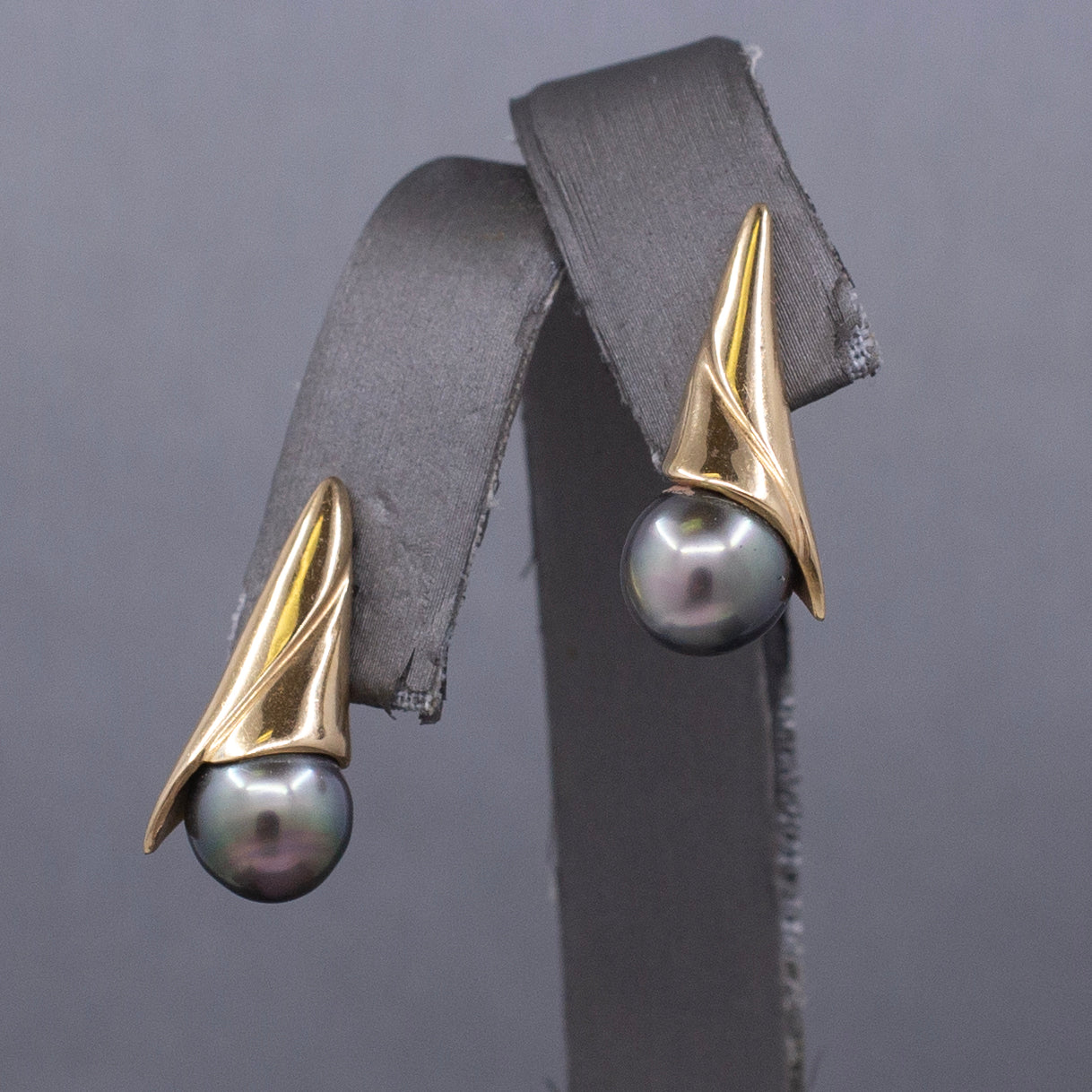 Modern Black Tahitian Pearl Gold Wrap Stud Earrings in 14k Yellow Gold