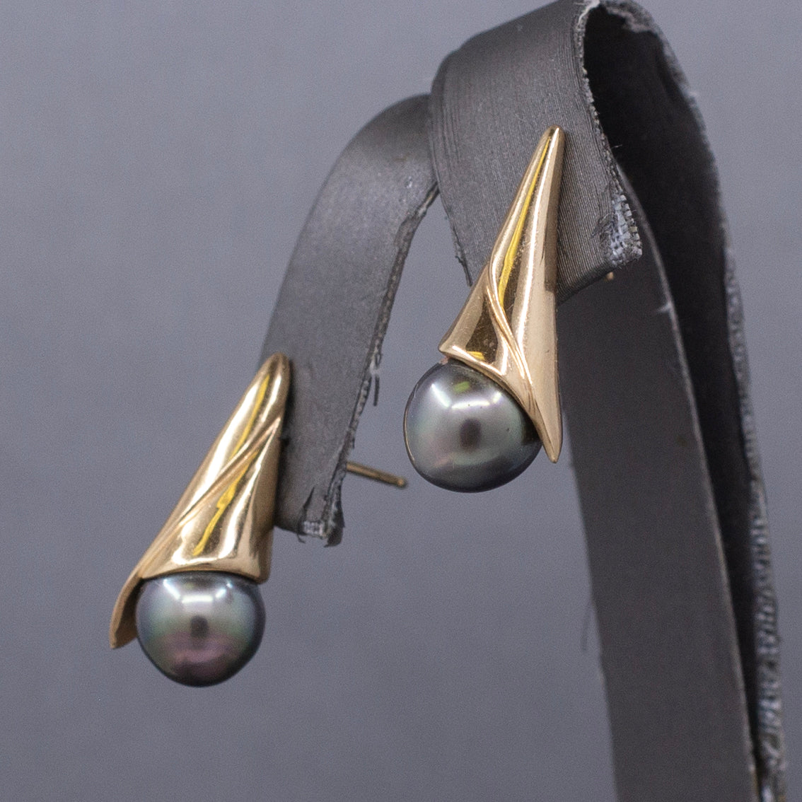 Modern Black Tahitian Pearl Gold Wrap Stud Earrings in 14k Yellow Gold