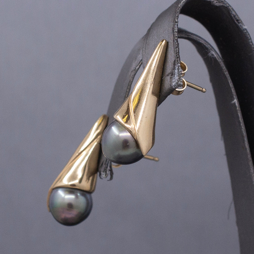Modern Black Tahitian Pearl Gold Wrap Stud Earrings in 14k Yellow Gold