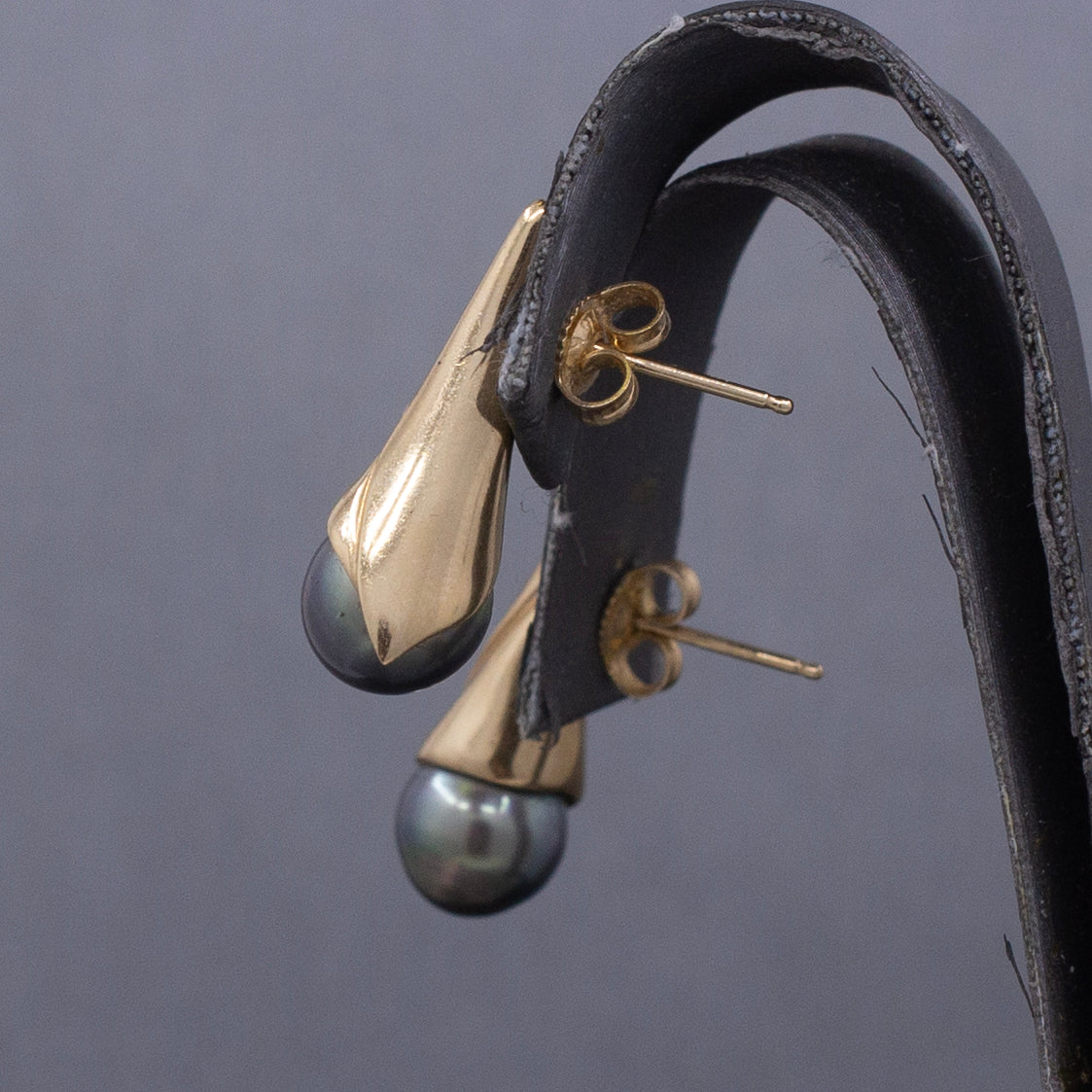 Modern Black Tahitian Pearl Gold Wrap Stud Earrings in 14k Yellow Gold