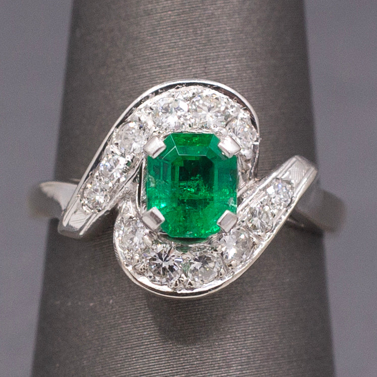 Vintage Vivid Emerald and Diamond Bypass Ring in 14k White Gold