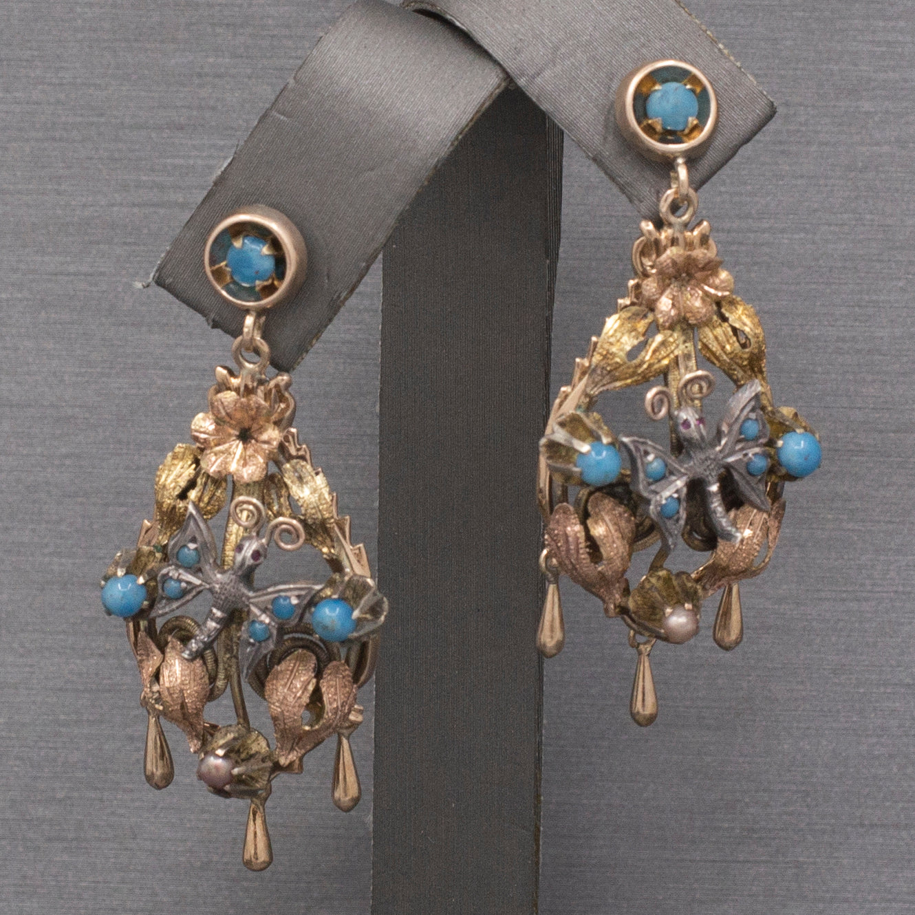 Fantastic Antique Victorian Butterfly Dangle Earrings in 10k &  14k Yellow and Rose Gold