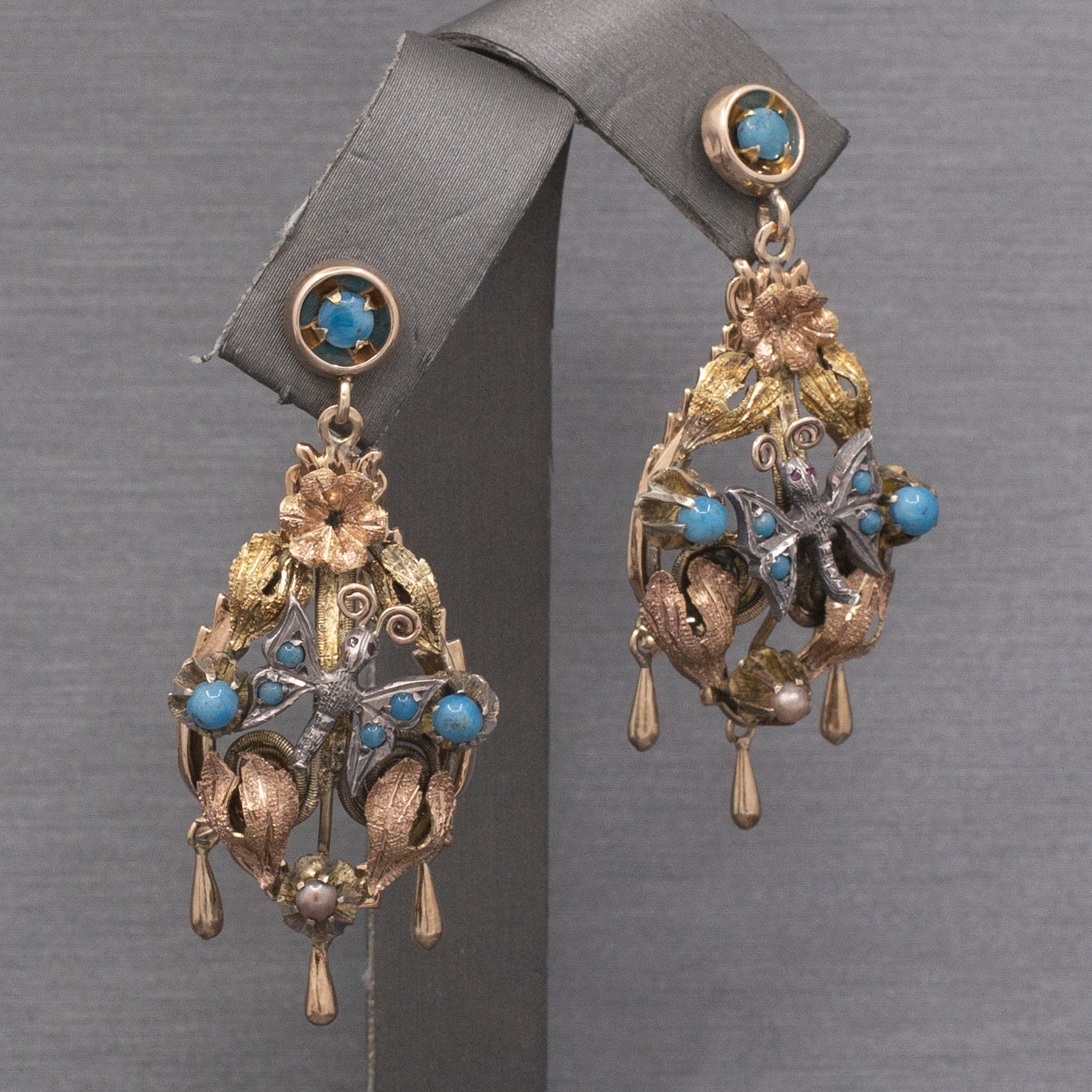 Fantastic Antique Victorian Butterfly Dangle Earrings in 10k &  14k Yellow and Rose Gold