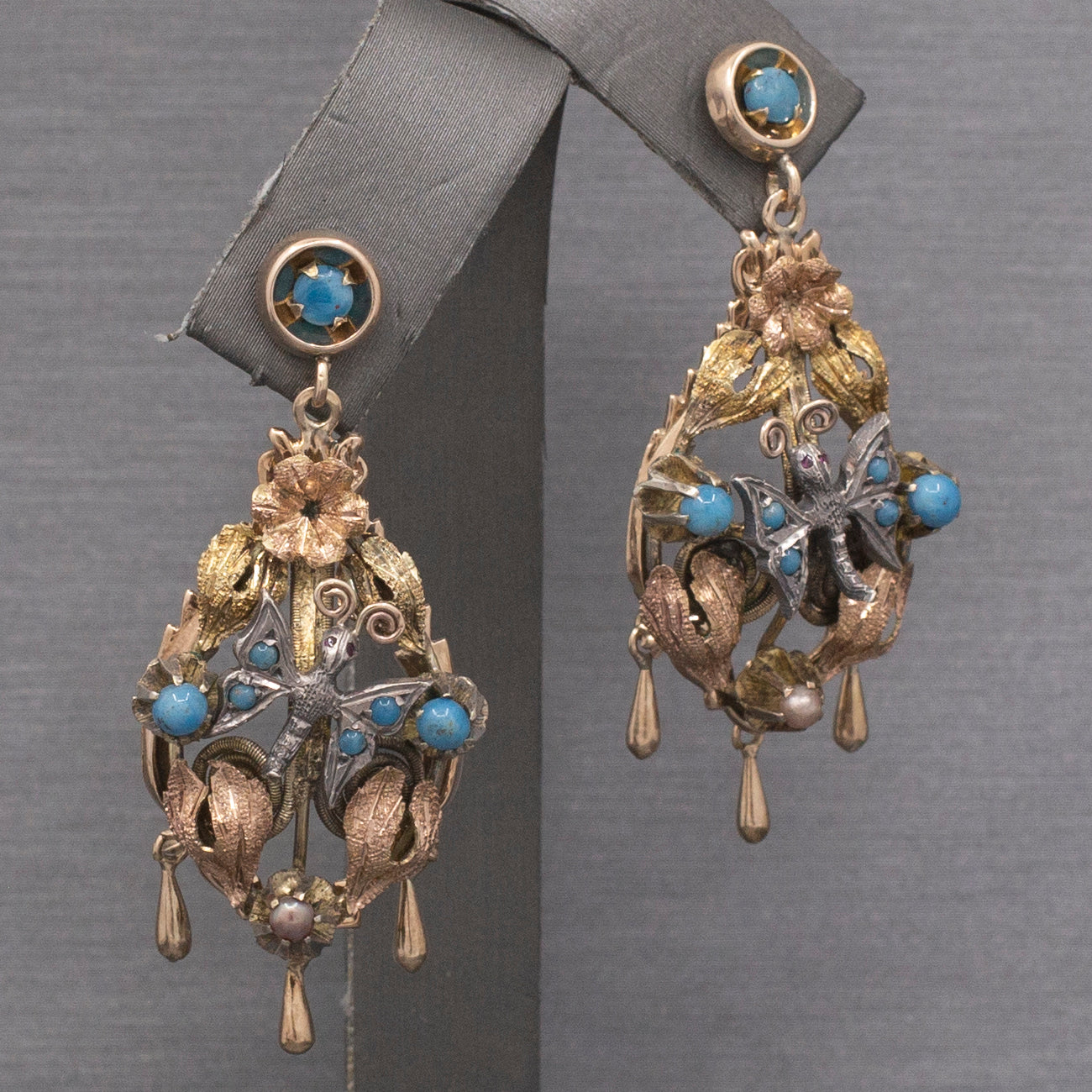 Fantastic Antique Victorian Butterfly Dangle Earrings in 10k &  14k Yellow and Rose Gold