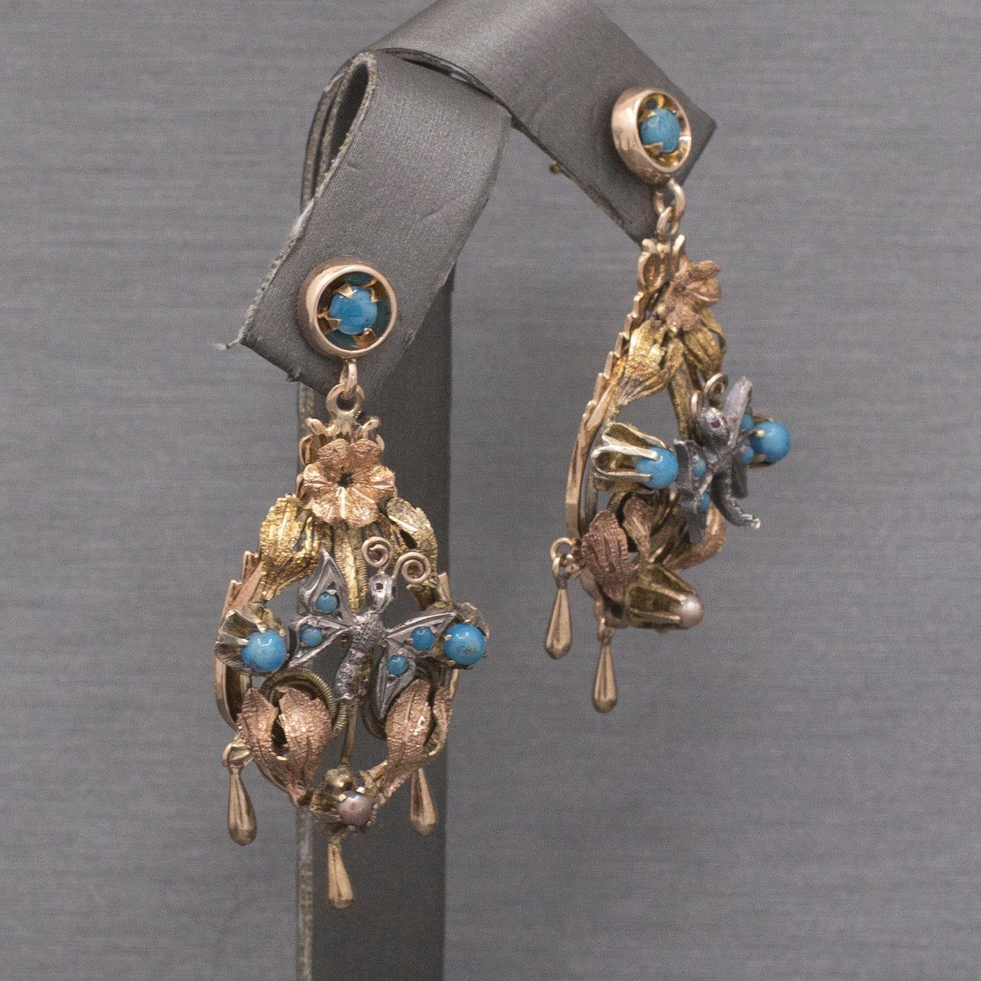Fantastic Antique Victorian Butterfly Dangle Earrings in 10k &  14k Yellow and Rose Gold