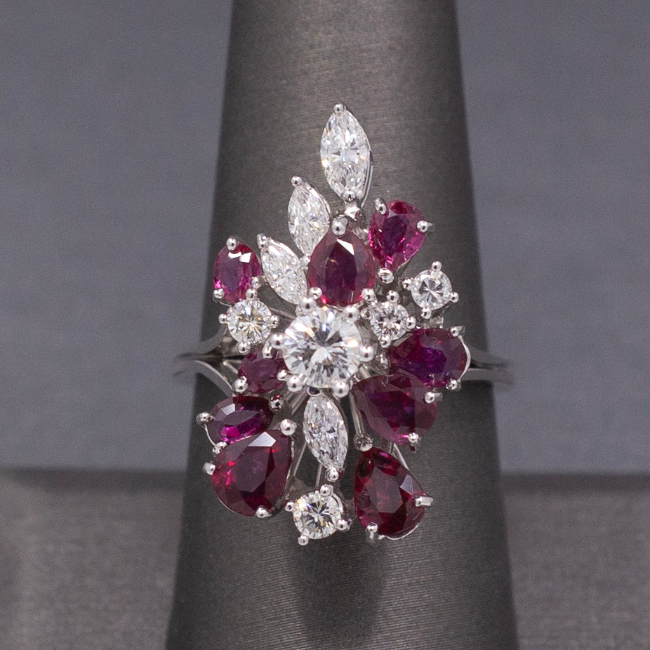 Incredible Ruby and Diamond Cluster Statement Ring in 18k White Gold