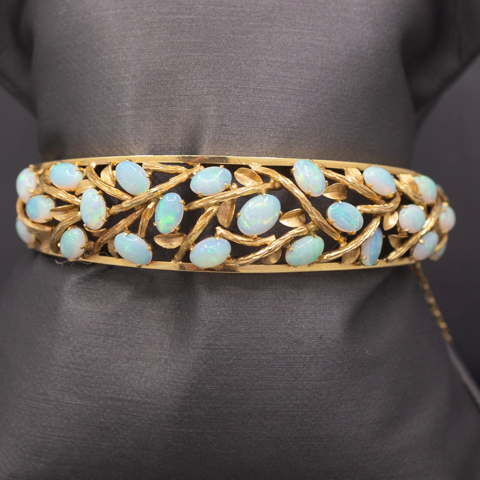 Exquisite Australian Opal Garland Bangle Bracelet in 14k Yellow Gold