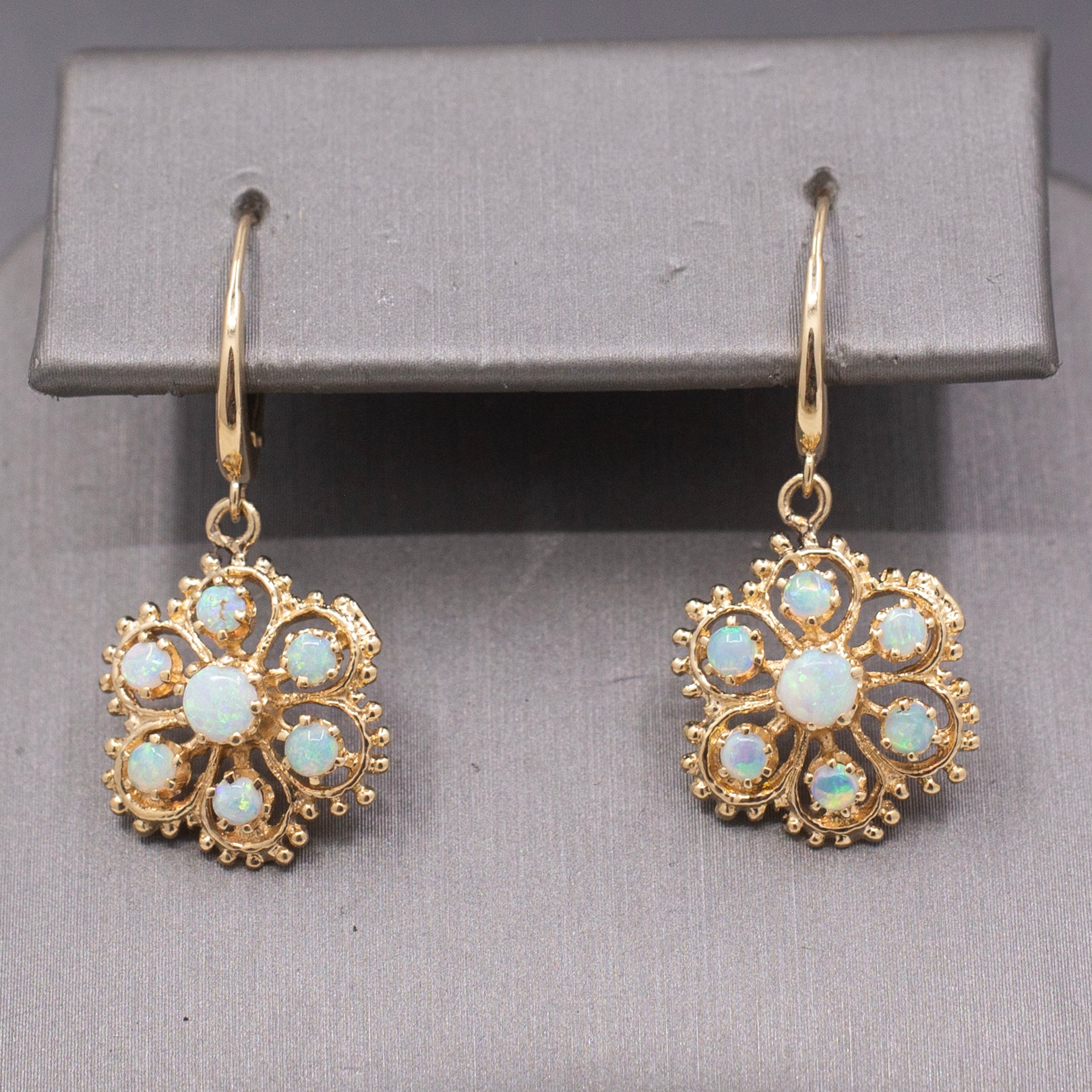 Vintage Romantic Australian Opal Floral Cluster Earrings in 14k Yellow Gold