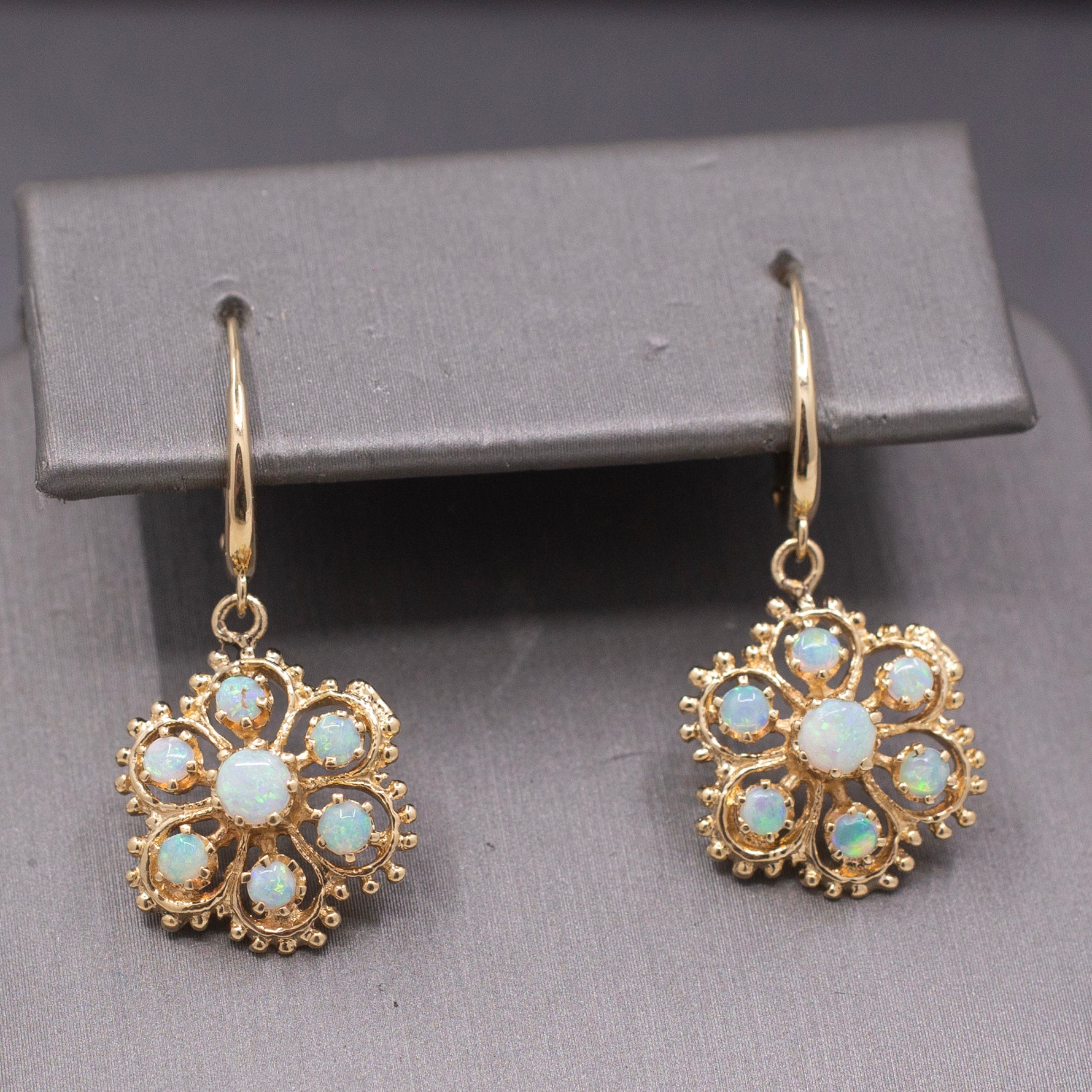 Vintage Romantic Australian Opal Floral Cluster Earrings in 14k Yellow Gold
