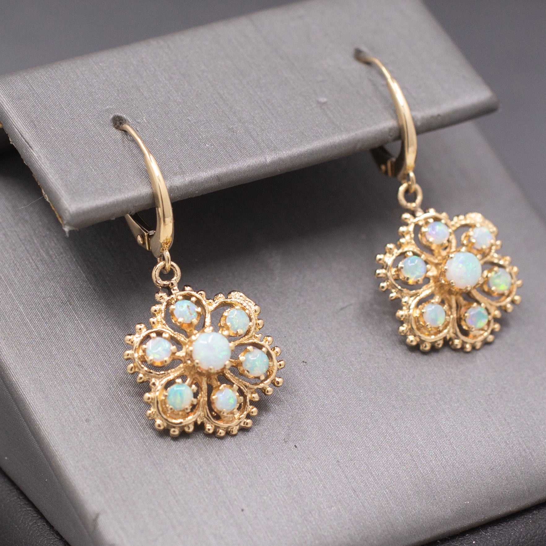 Vintage Romantic Australian Opal Floral Cluster Earrings in 14k Yellow Gold