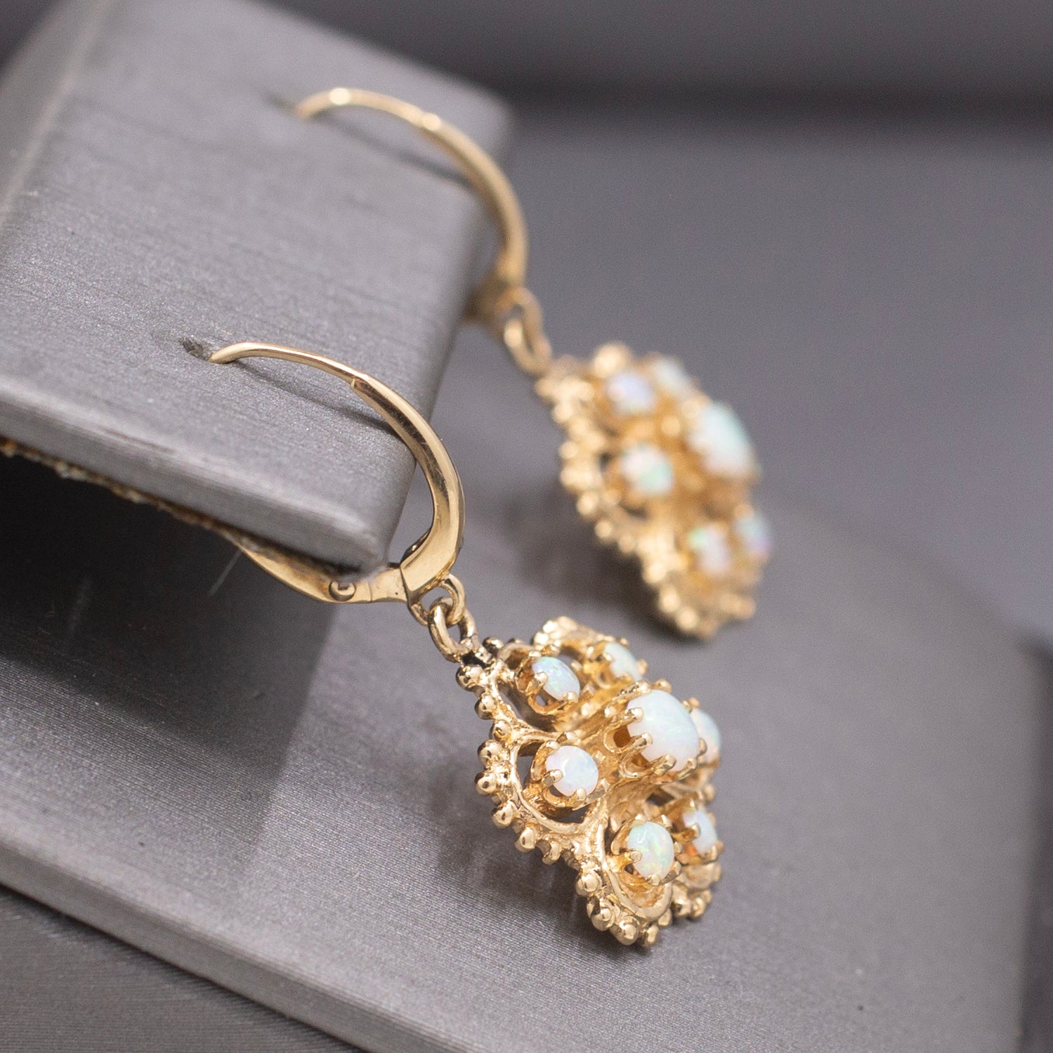 Vintage Romantic Australian Opal Floral Cluster Earrings in 14k Yellow Gold