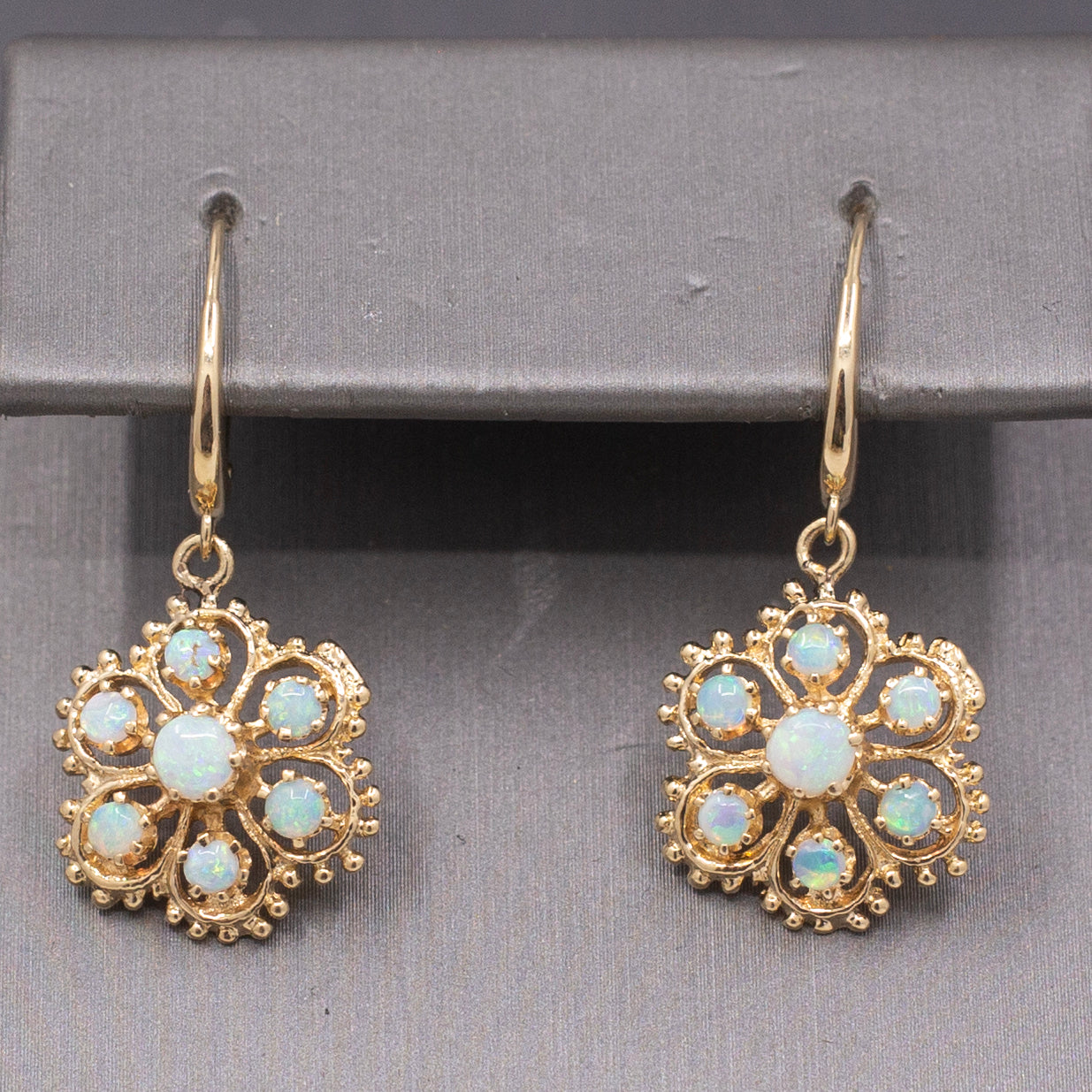 Vintage Romantic Australian Opal Floral Cluster Earrings in 14k Yellow Gold