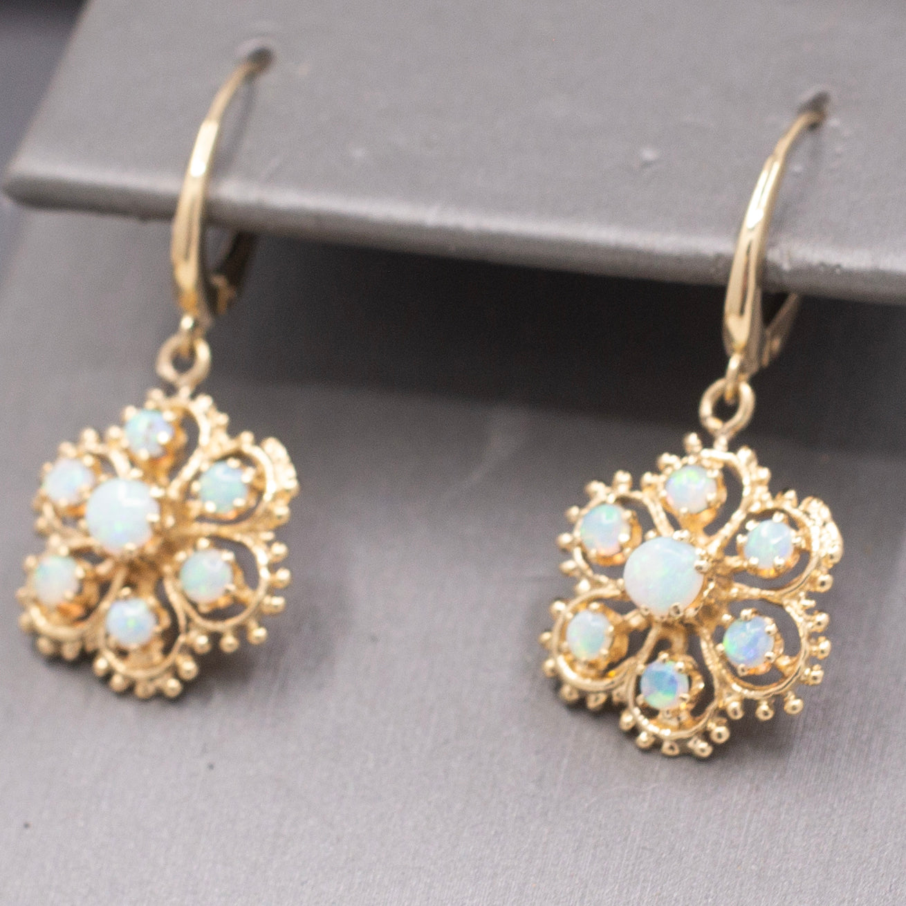 Vintage Romantic Australian Opal Floral Cluster Earrings in 14k Yellow Gold