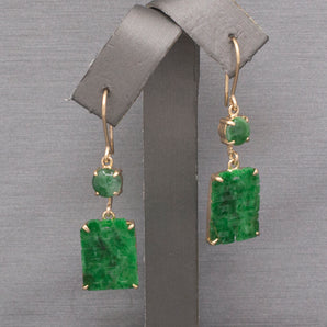 Vintage Natural Green Jadeite Jade Carved Dangle Drop Earrings in 14k Yellow Gold