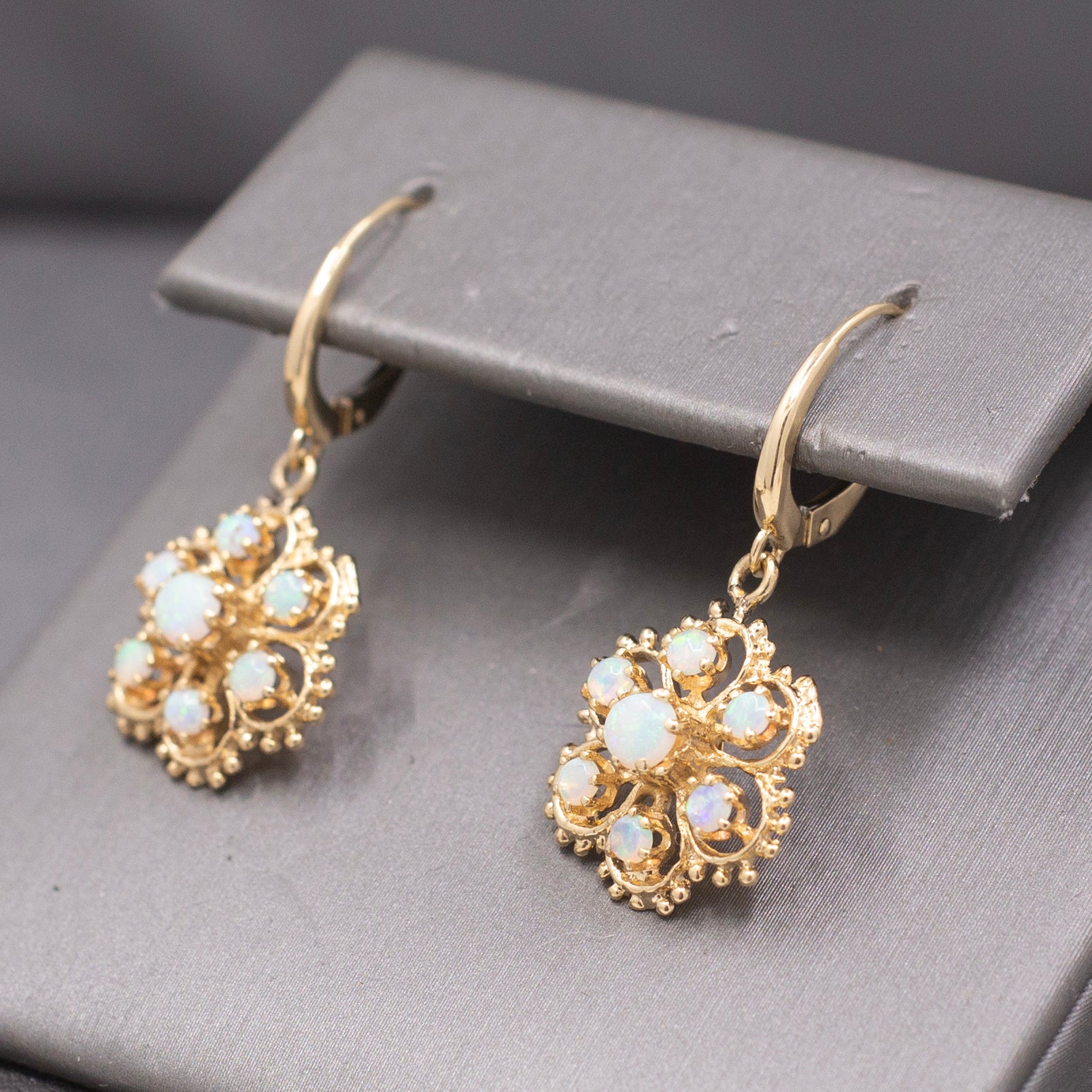 Vintage Romantic Australian Opal Floral Cluster Earrings in 14k Yellow Gold