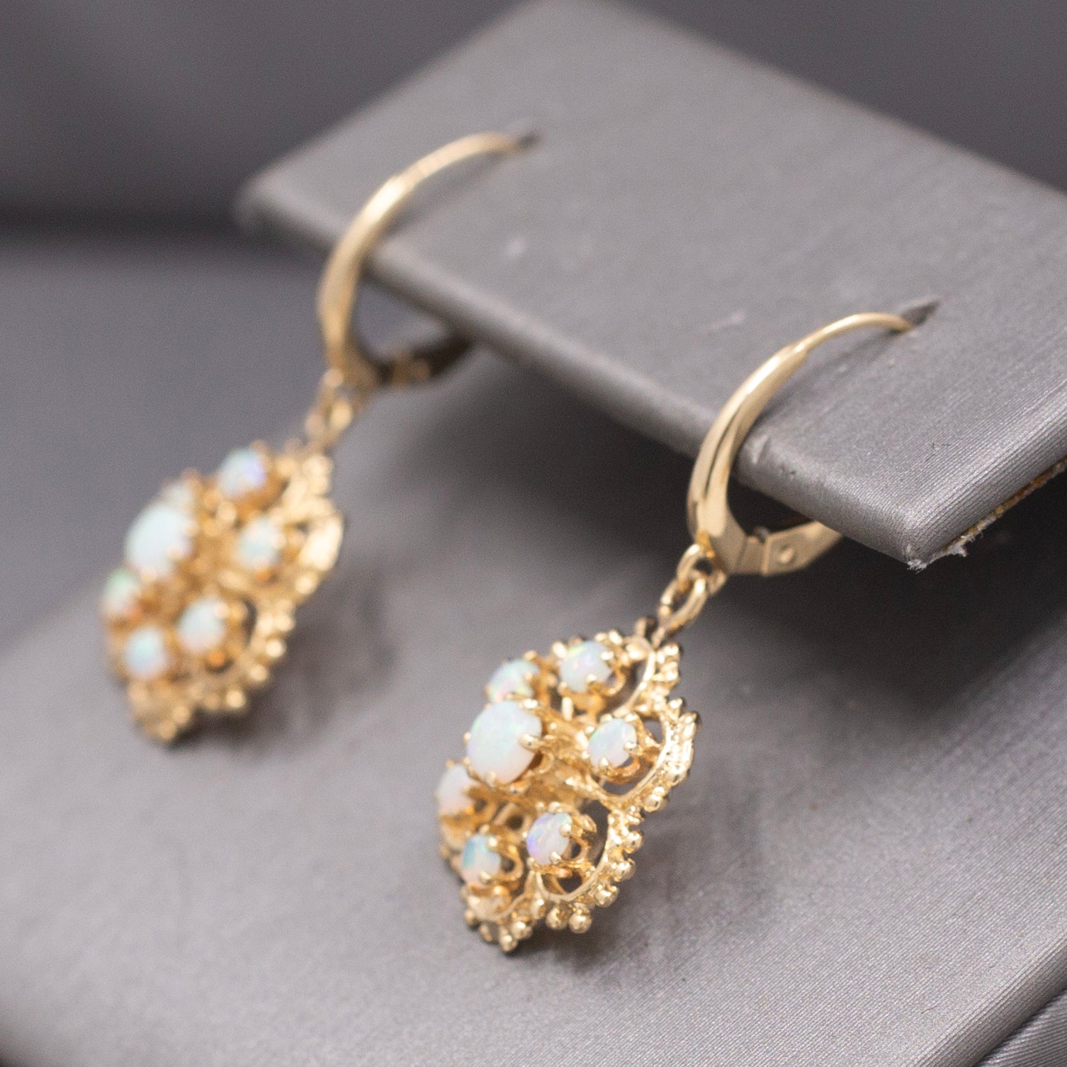 Vintage Romantic Australian Opal Floral Cluster Earrings in 14k Yellow Gold