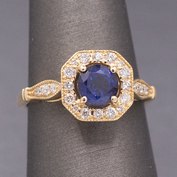 Vintage Sparkling Blue Sapphire and Diamond Octagonal Halo in 14k Yellow Gold