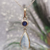 Handcrafted Blue Moonstone and Blue Sapphire Bezel Set Pendant Necklace in 14k White Gold