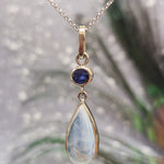 Handcrafted Blue Moonstone and Blue Sapphire Bezel Set Pendant Necklace in 14k White Gold