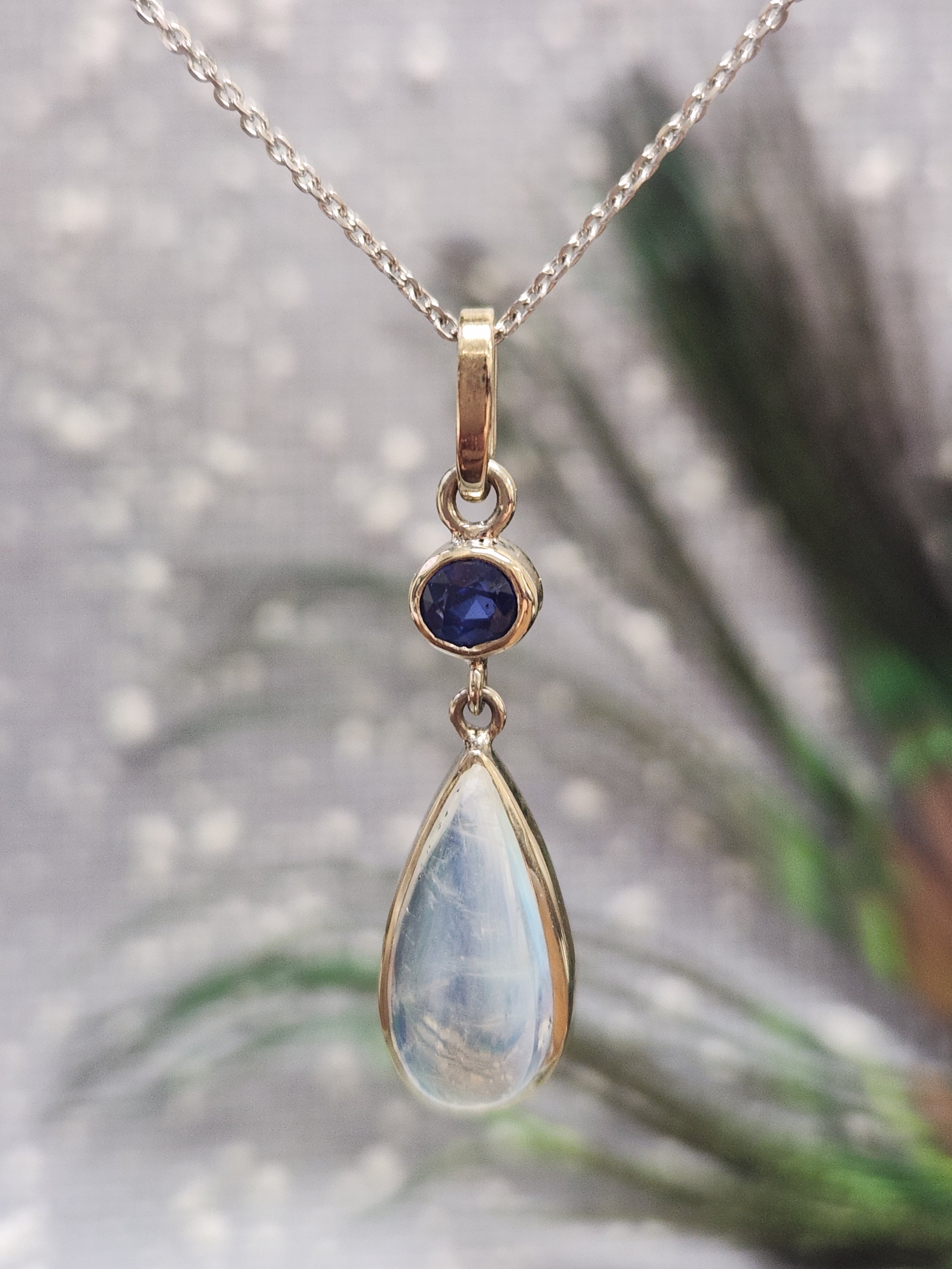 Handcrafted Blue Moonstone and Blue Sapphire Bezel Set Pendant Necklace in 14k White Gold
