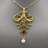 Exquisite Victorian Antique Emerald Garnet Diamond and Pearl Lavalier Pendant in 14k Yellow Gold