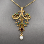 Exquisite Victorian Antique Emerald Garnet Diamond and Pearl Lavalier Pendant in 14k Yellow Gold