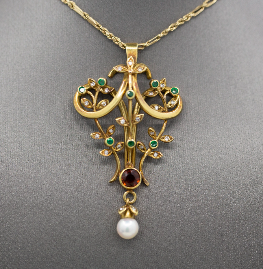 Exquisite Victorian Antique Emerald Garnet Diamond and Pearl Lavalier Pendant in 14k Yellow Gold