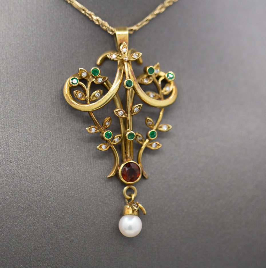 Exquisite Victorian Antique Emerald Garnet Diamond and Pearl Lavalier Pendant in 14k Yellow Gold