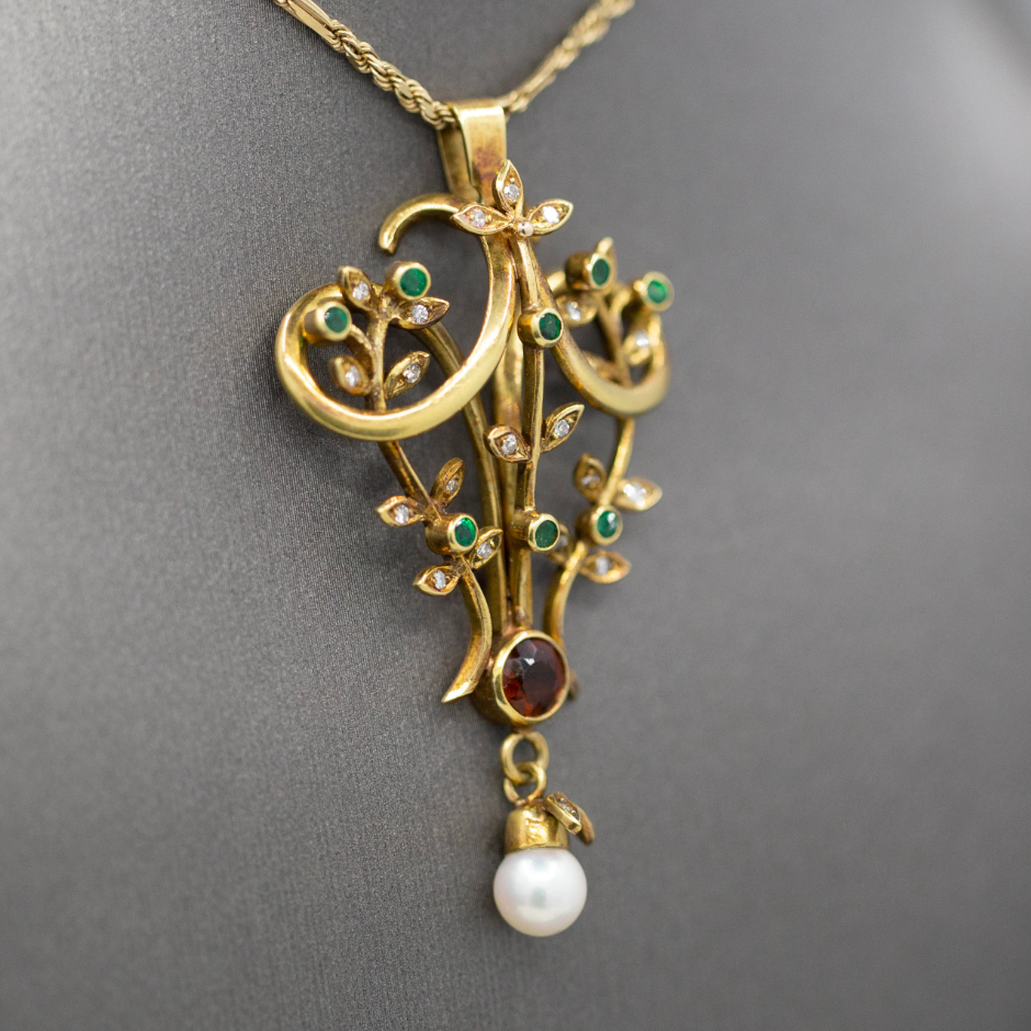 Exquisite Victorian Antique Emerald Garnet Diamond and Pearl Lavalier Pendant in 14k Yellow Gold