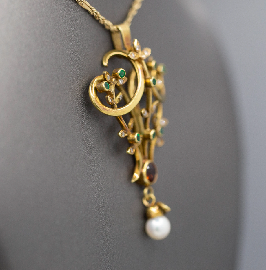 Exquisite Victorian Antique Emerald Garnet Diamond and Pearl Lavalier Pendant in 14k Yellow Gold