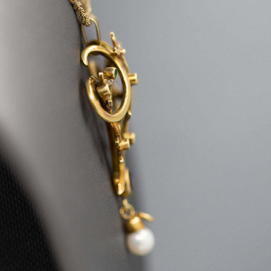 Exquisite Victorian Antique Emerald Garnet Diamond and Pearl Lavalier Pendant in 14k Yellow Gold