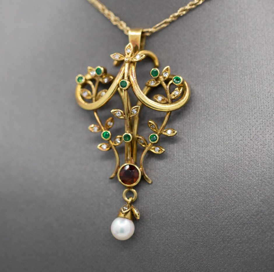 Exquisite Victorian Antique Emerald Garnet Diamond and Pearl Lavalier Pendant in 14k Yellow Gold