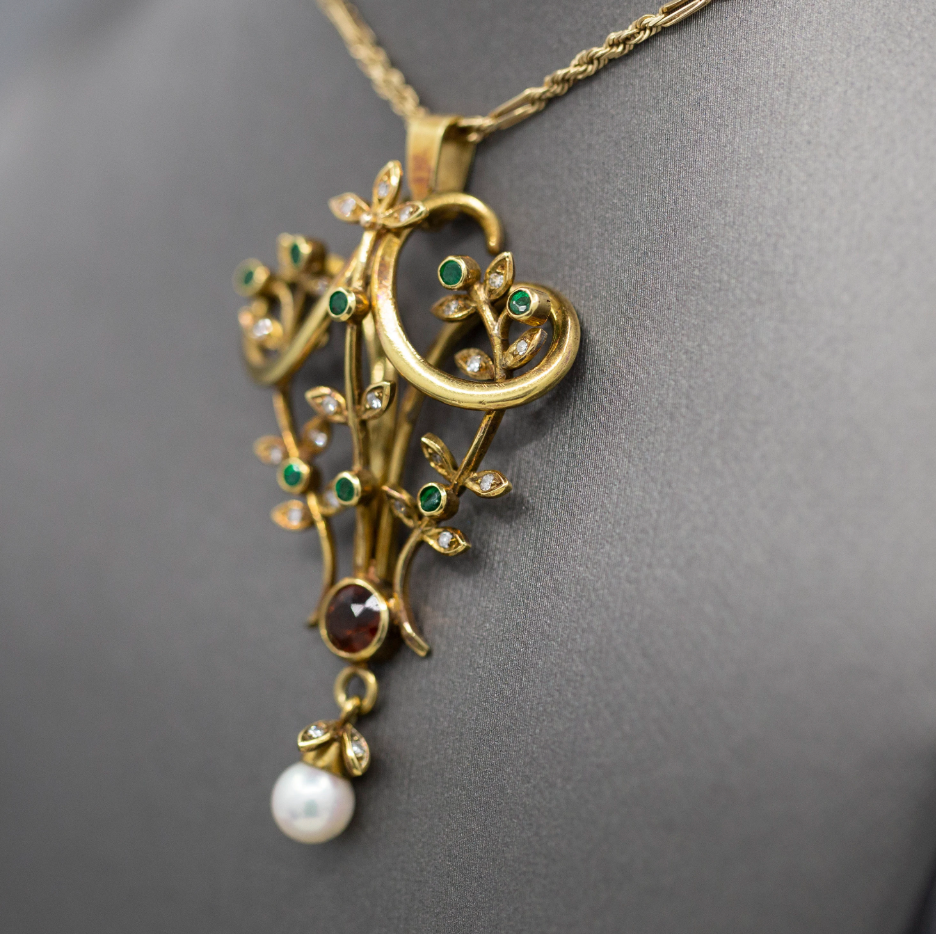 Exquisite Victorian Antique Emerald Garnet Diamond and Pearl Lavalier Pendant in 14k Yellow Gold