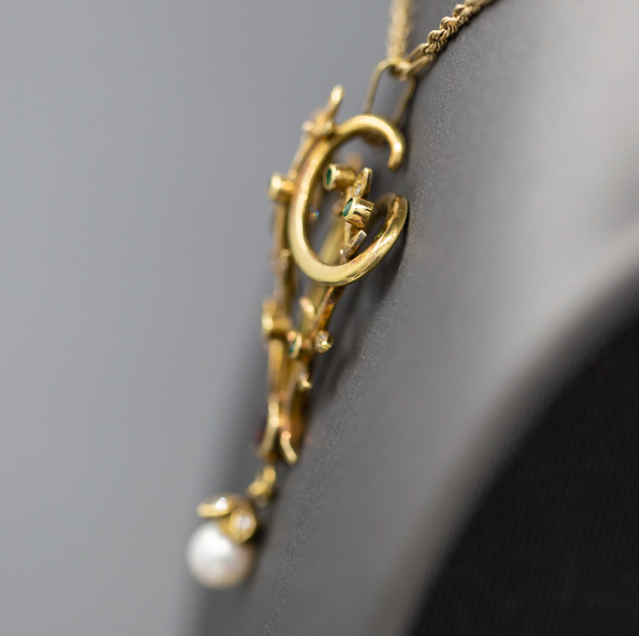 Exquisite Victorian Antique Emerald Garnet Diamond and Pearl Lavalier Pendant in 14k Yellow Gold