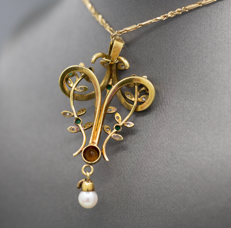 Exquisite Victorian Antique Emerald Garnet Diamond and Pearl Lavalier Pendant in 14k Yellow Gold
