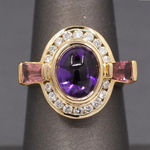 Glowing Amethyst, Pink Tourmaline and Diamond Ring in 18k Yellow Gold
