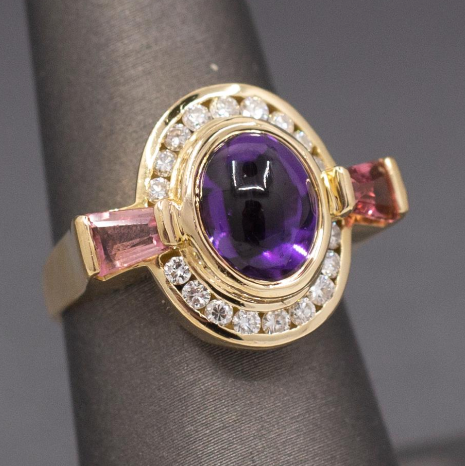 Glowing Amethyst, Pink Tourmaline and Diamond Ring in 18k Yellow Gold