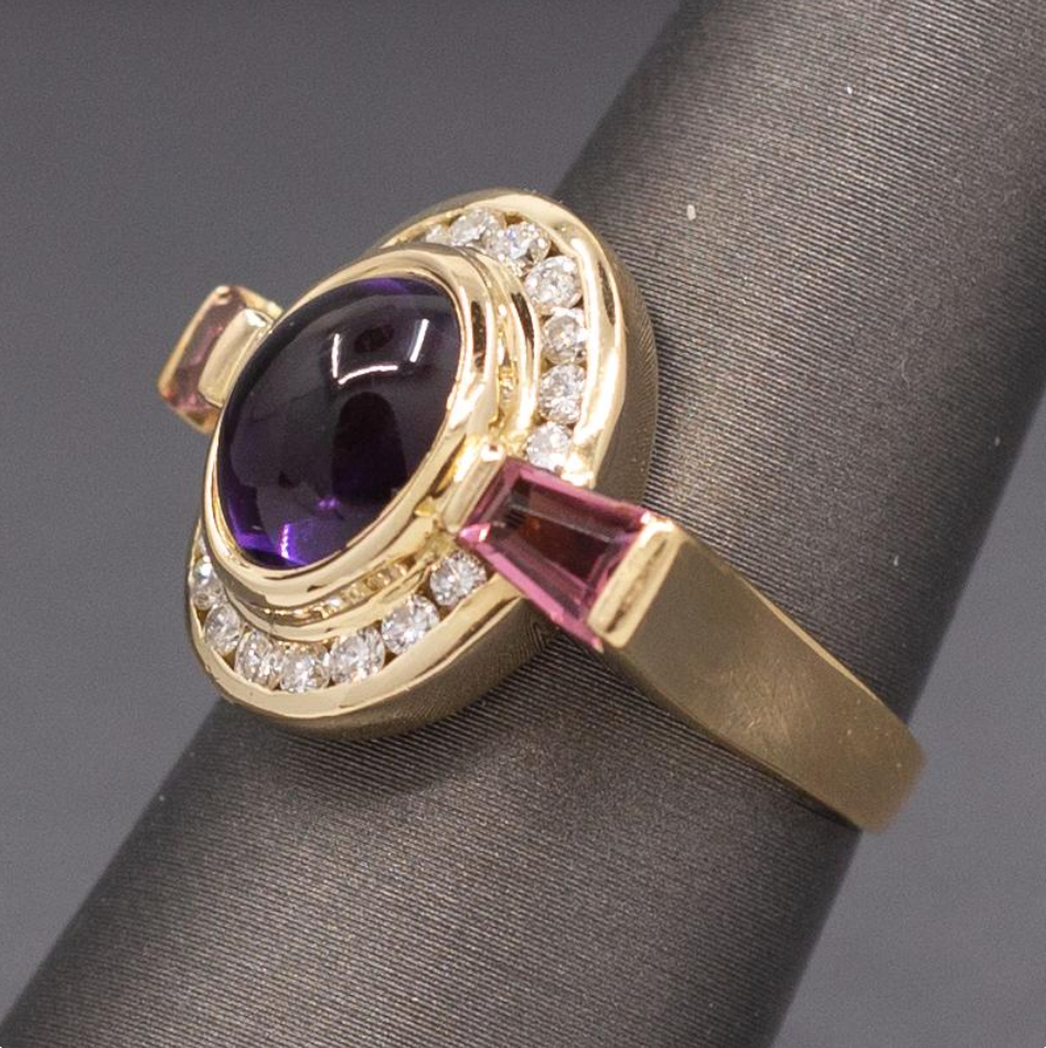 Glowing Amethyst, Pink Tourmaline and Diamond Ring in 18k Yellow Gold