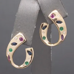Ruby Sapphire Emerald and Diamond Curved Semi-Hoop Earrings in 14k Yellow Gold
