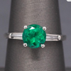 Vintage Natural Round Emerald and Baguette Diamond Ring in Platinum