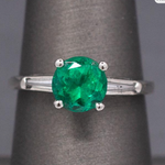 Vintage Natural Round Emerald and Baguette Diamond Ring in Platinum