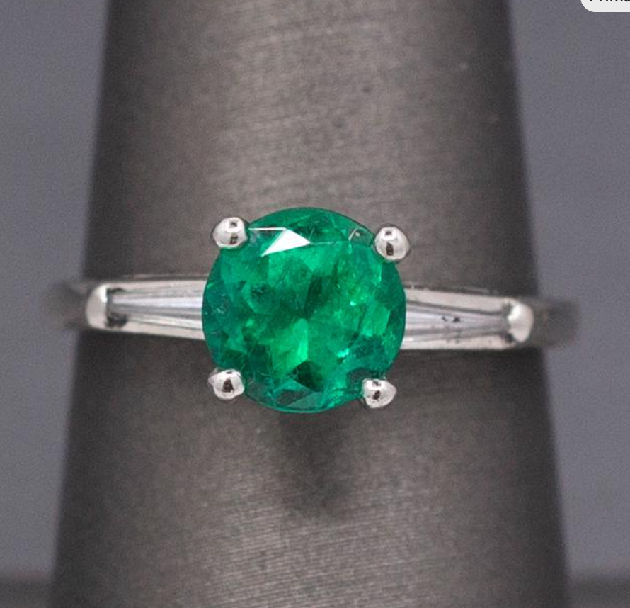 Vintage Natural Round Emerald and Baguette Diamond Ring in Platinum