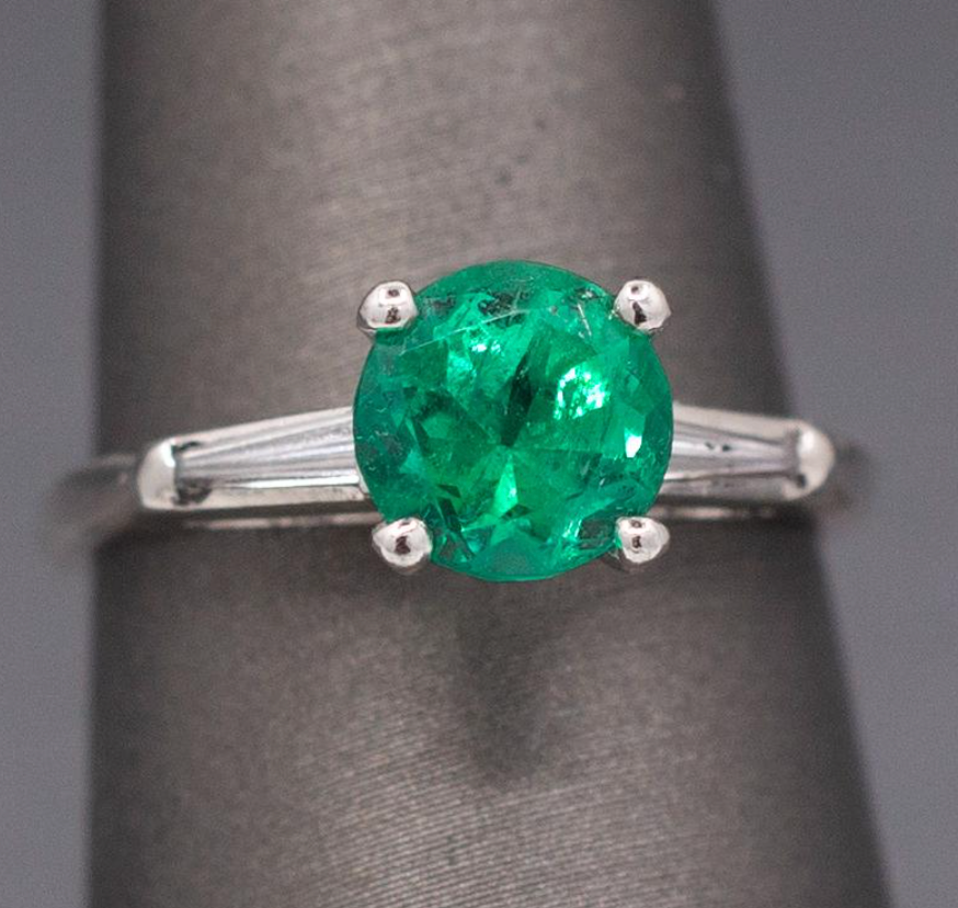 Vintage Natural Round Emerald and Baguette Diamond Ring in Platinum