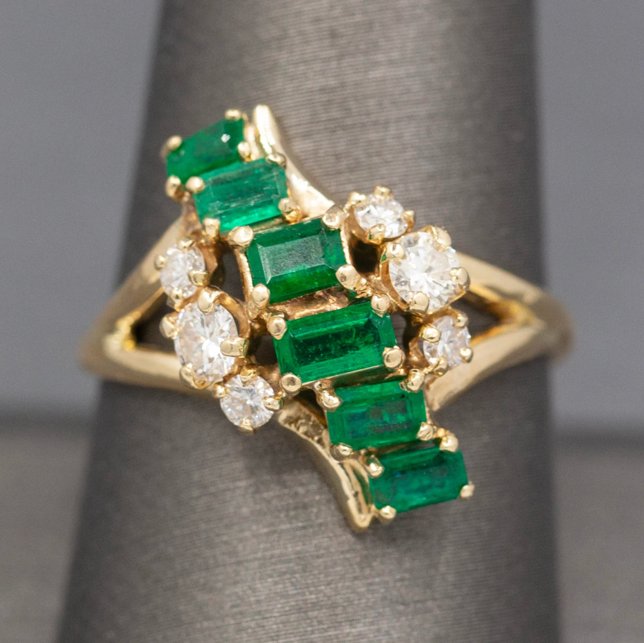Vivid Natural Emerald and Diamond Cocktail Ring in 14k Yellow Gold