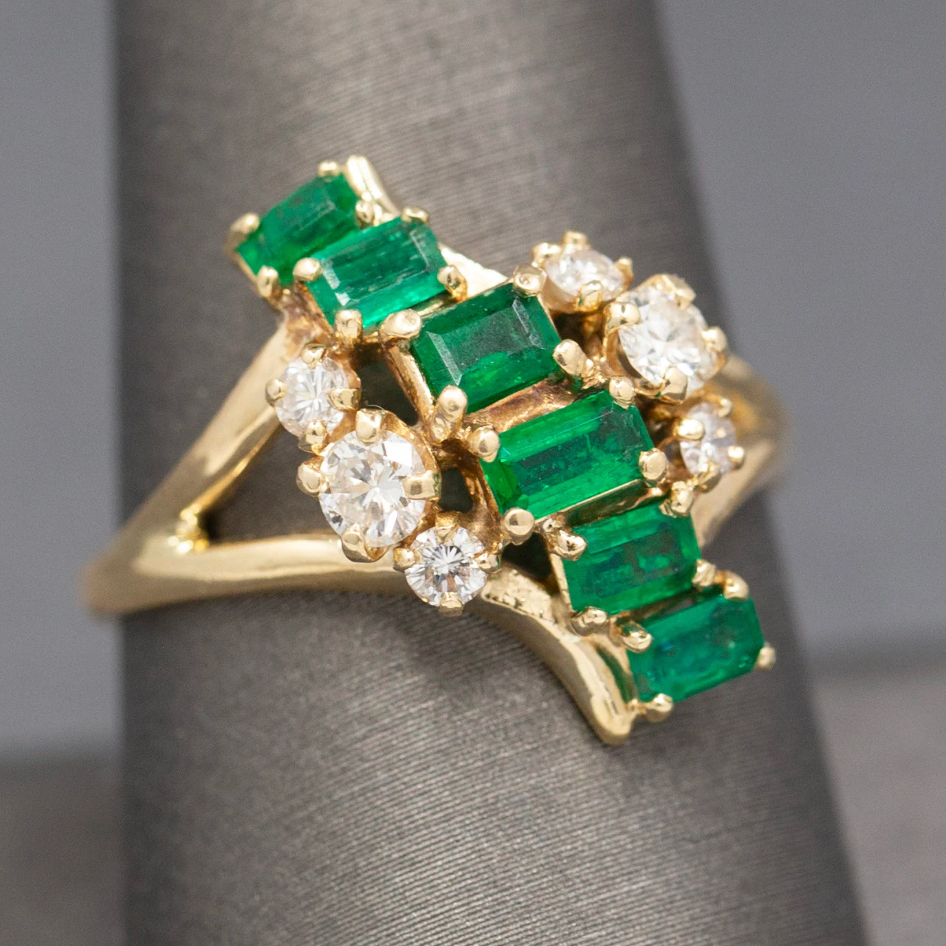 Vivid Natural Emerald and Diamond Cocktail Ring in 14k Yellow Gold