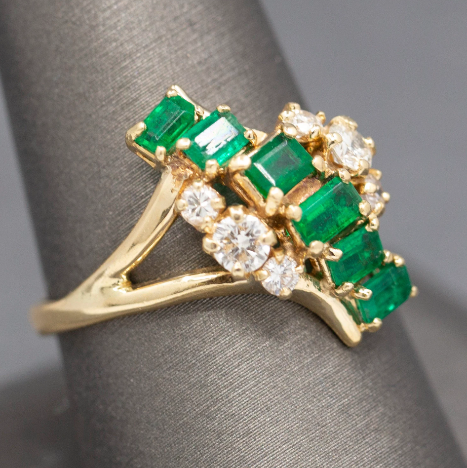 Vivid Natural Emerald and Diamond Cocktail Ring in 14k Yellow Gold